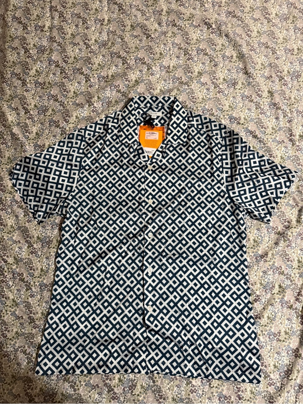 Reiss Navy and White Geometric Short-Sleeve Button-Down Shirt